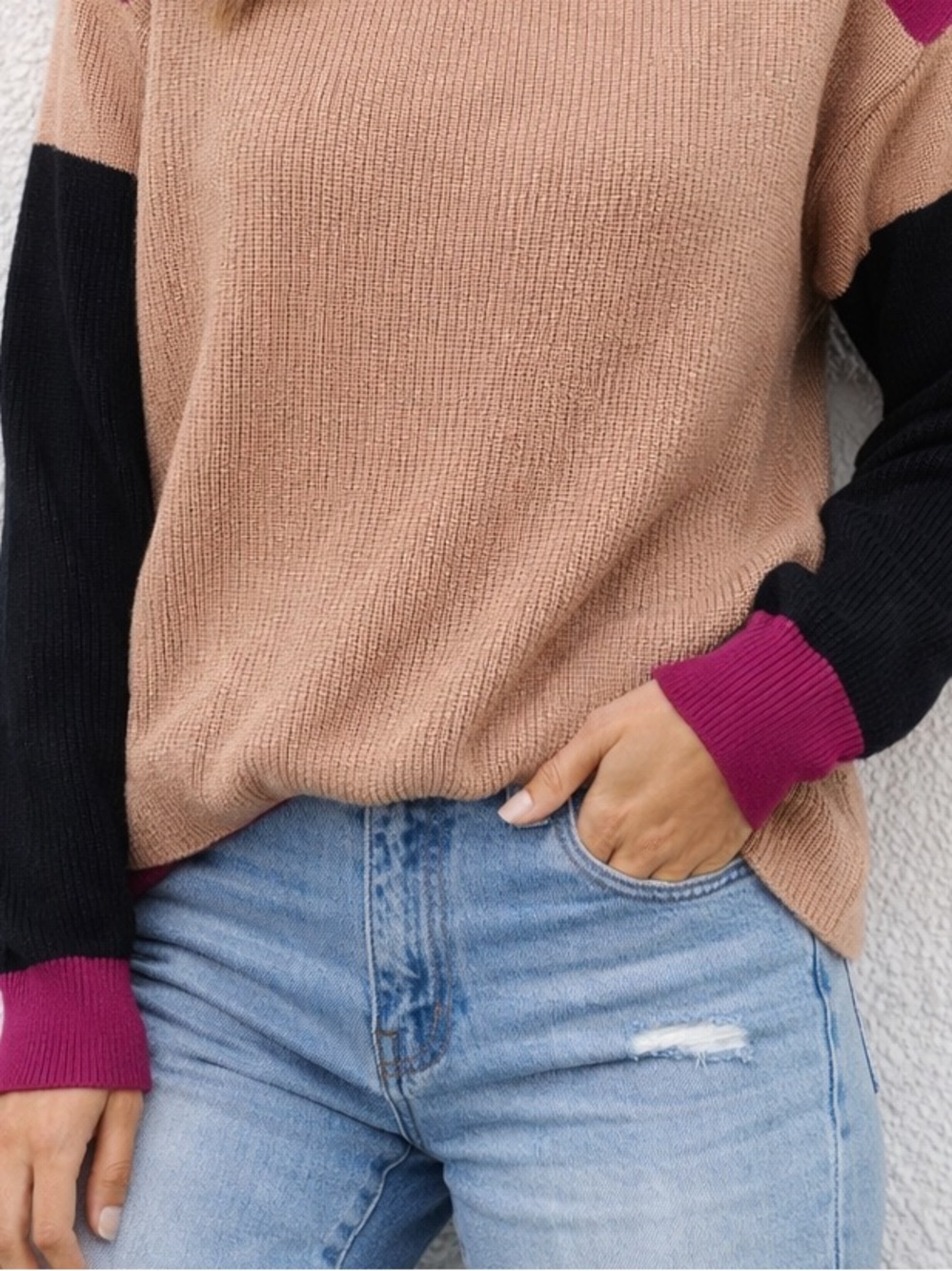 Relaxed Large Sweater in Fuchsia, Tan & Black